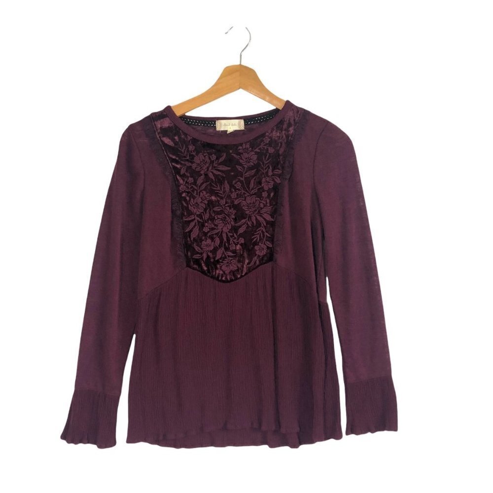 Altar'd State Burgundy Long Sleeve Velvet Fkirak Bib Blouse Top Size Small